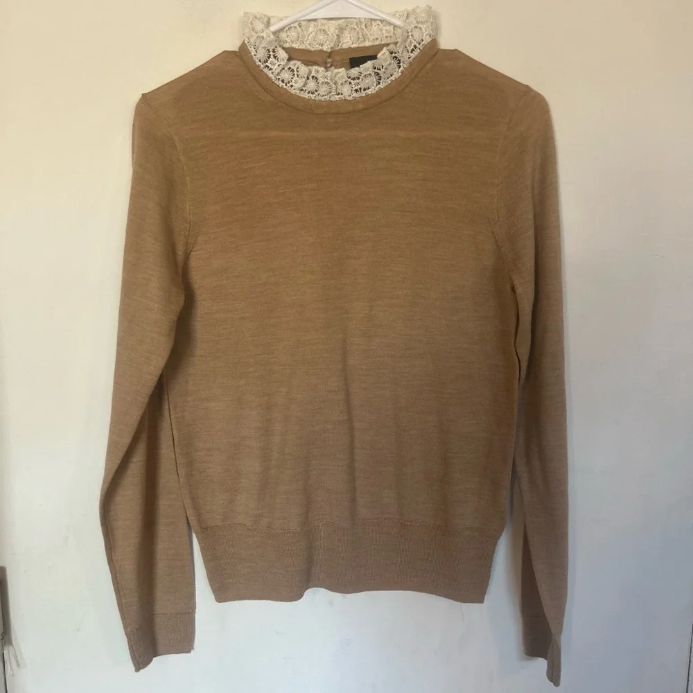 J.Crew Tippi 100% Merino Wool Sweater Lace Collar Details Camel Small